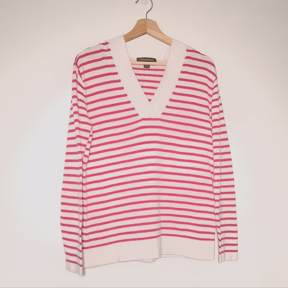 Tommy Bahama Hoodie Sweater 100% Cotton Lightweight Pink and White Striped